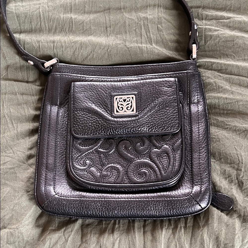 Brighton Black Pebble Leather Crossbody with Embossed Scroll Pocket